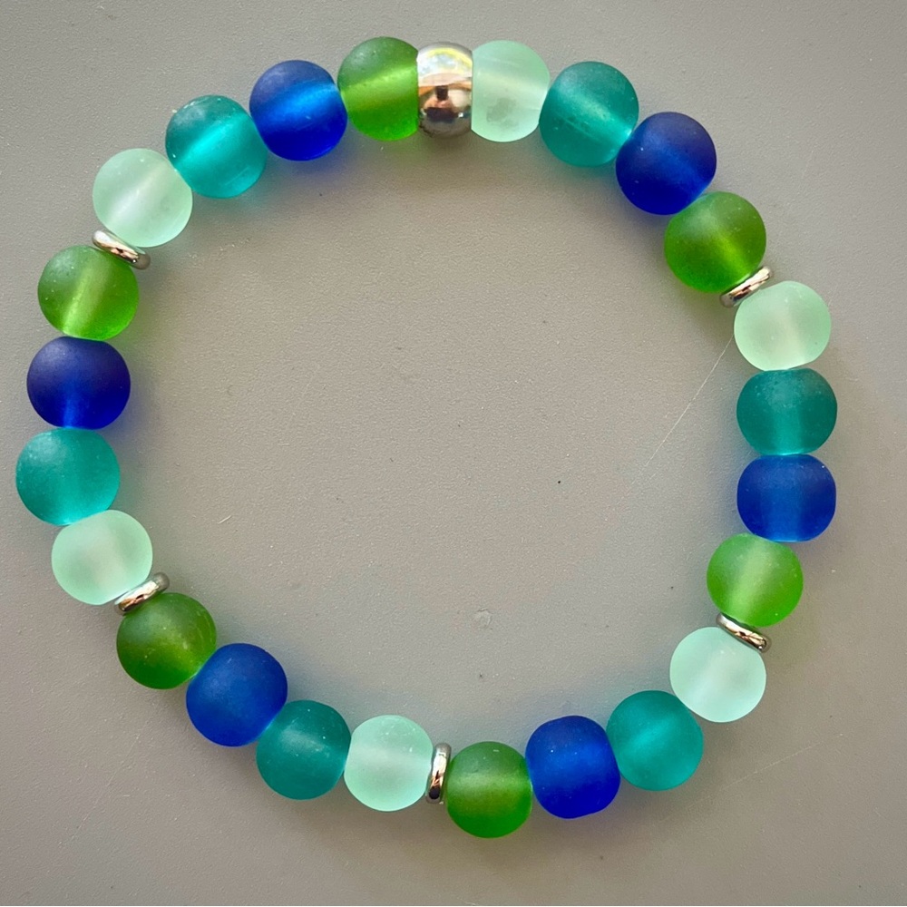 Blue and Green Sea Glass Handcrafted Beaded Bracelet